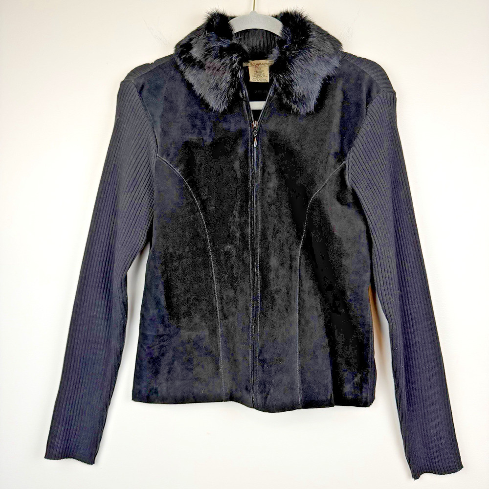 VTG Escapade Genuine Suede Leather Sweater Jacket Size M Black Rabbit Fur Collar